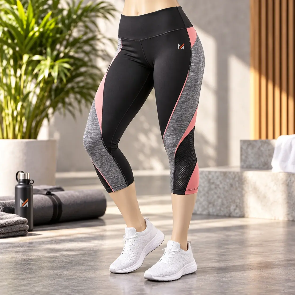 Black capri leggings with gray and coral contrast panels and mesh detailing, displayed on a mannequin in a bright modern fitness studio.